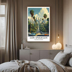 A framed art print of the LA street scene decorating a bedroom wall, creating a peaceful, travel-inspired atmosphere.