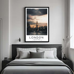 A framed art print of London's iconic landmarks decorating a bedroom wall, creating a serene and luxurious atmosphere.
