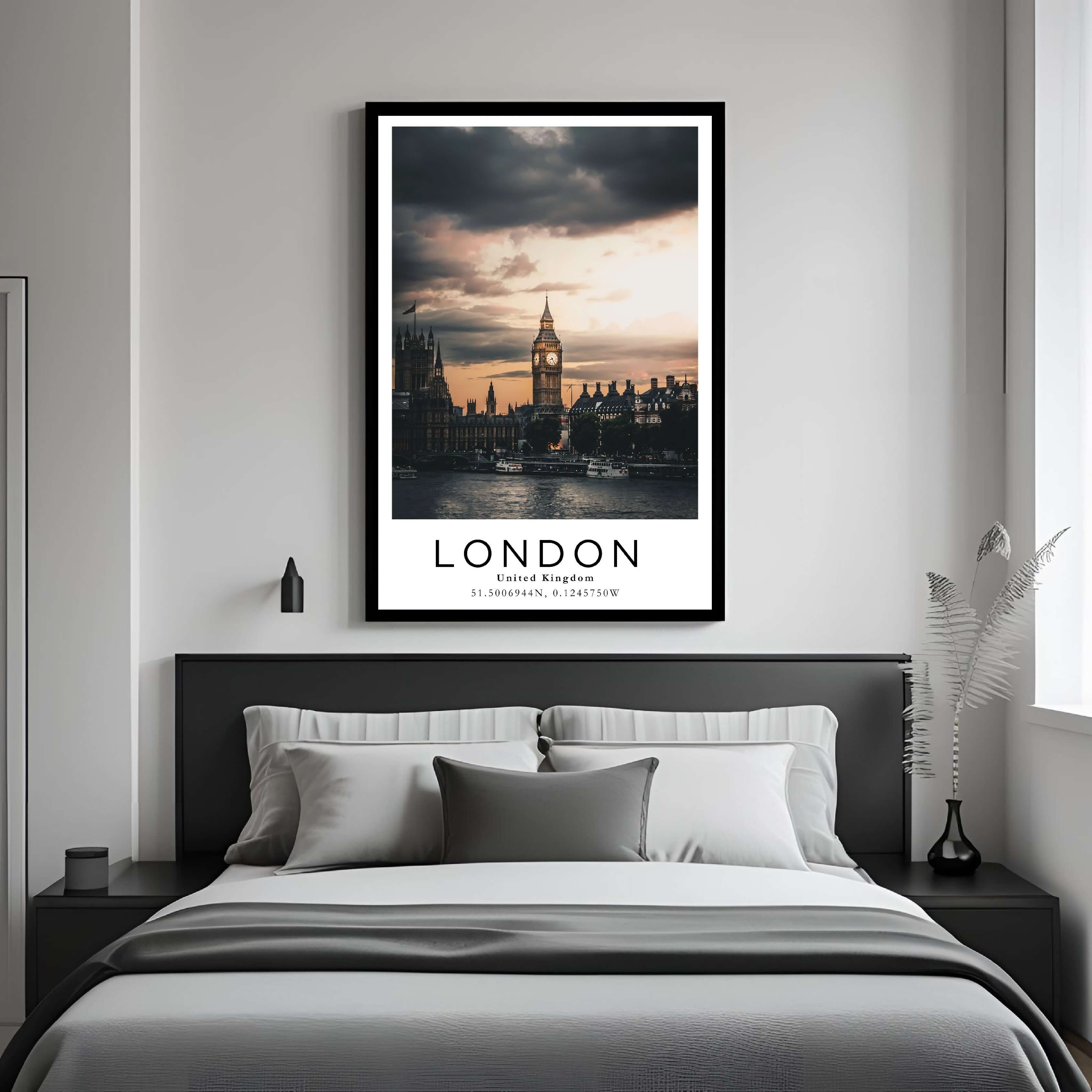 A framed art print of London's iconic landmarks decorating a bedroom wall, creating a serene and luxurious atmosphere.