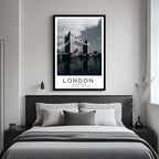 A framed art print of London's iconic landmarks decorating a bedroom wall, creating a serene and luxurious atmosphere.