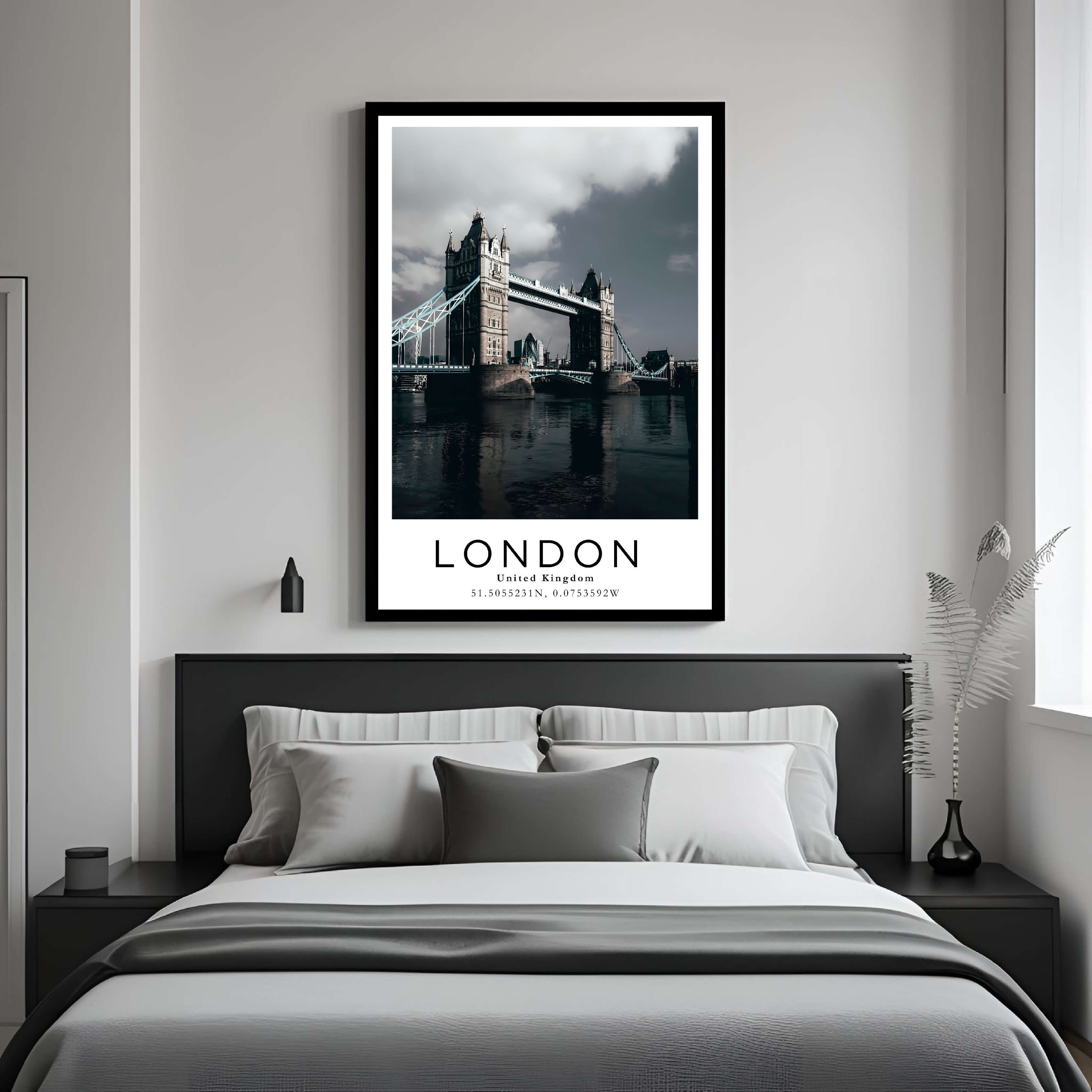 A framed art print of London's iconic landmarks decorating a bedroom wall, creating a serene and luxurious atmosphere.