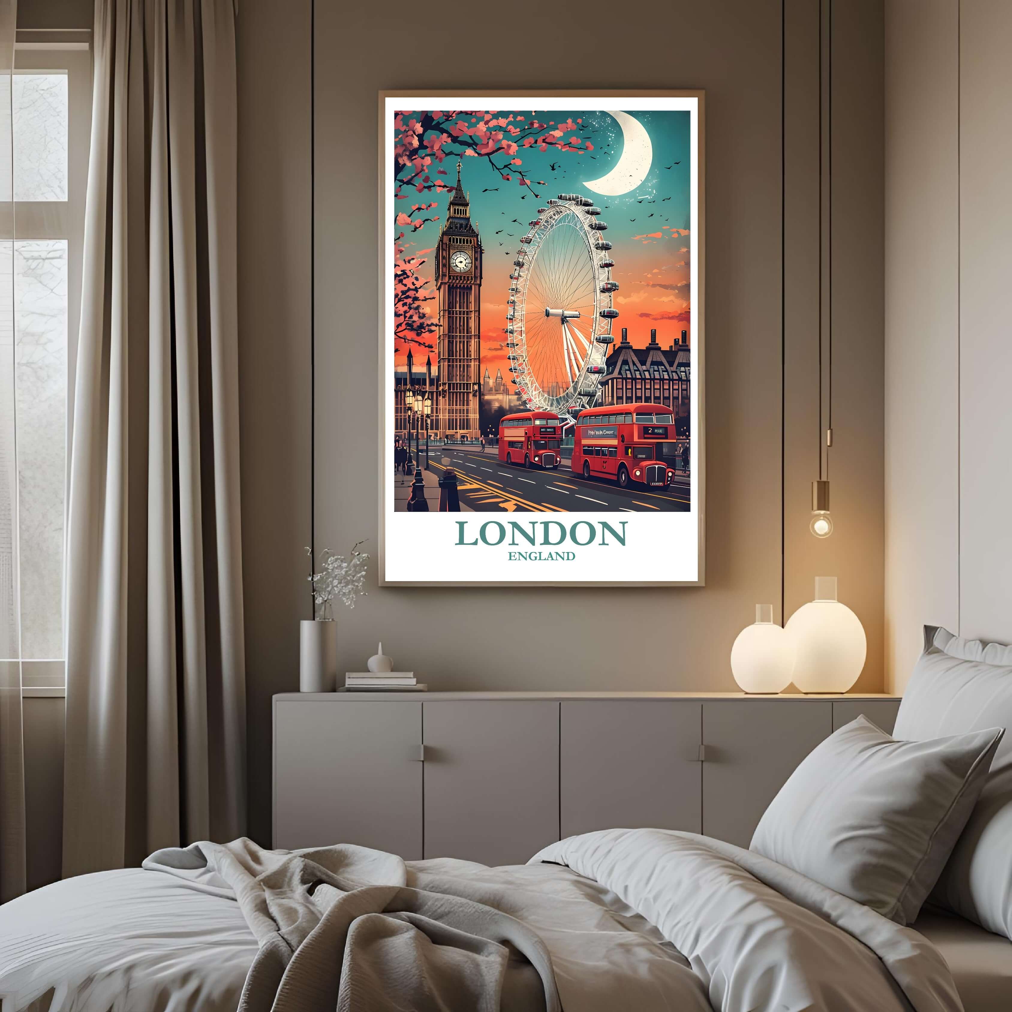 A framed art print of the London cityscape decorating a bedroom wall, creating a dynamic, travel-inspired atmosphere.