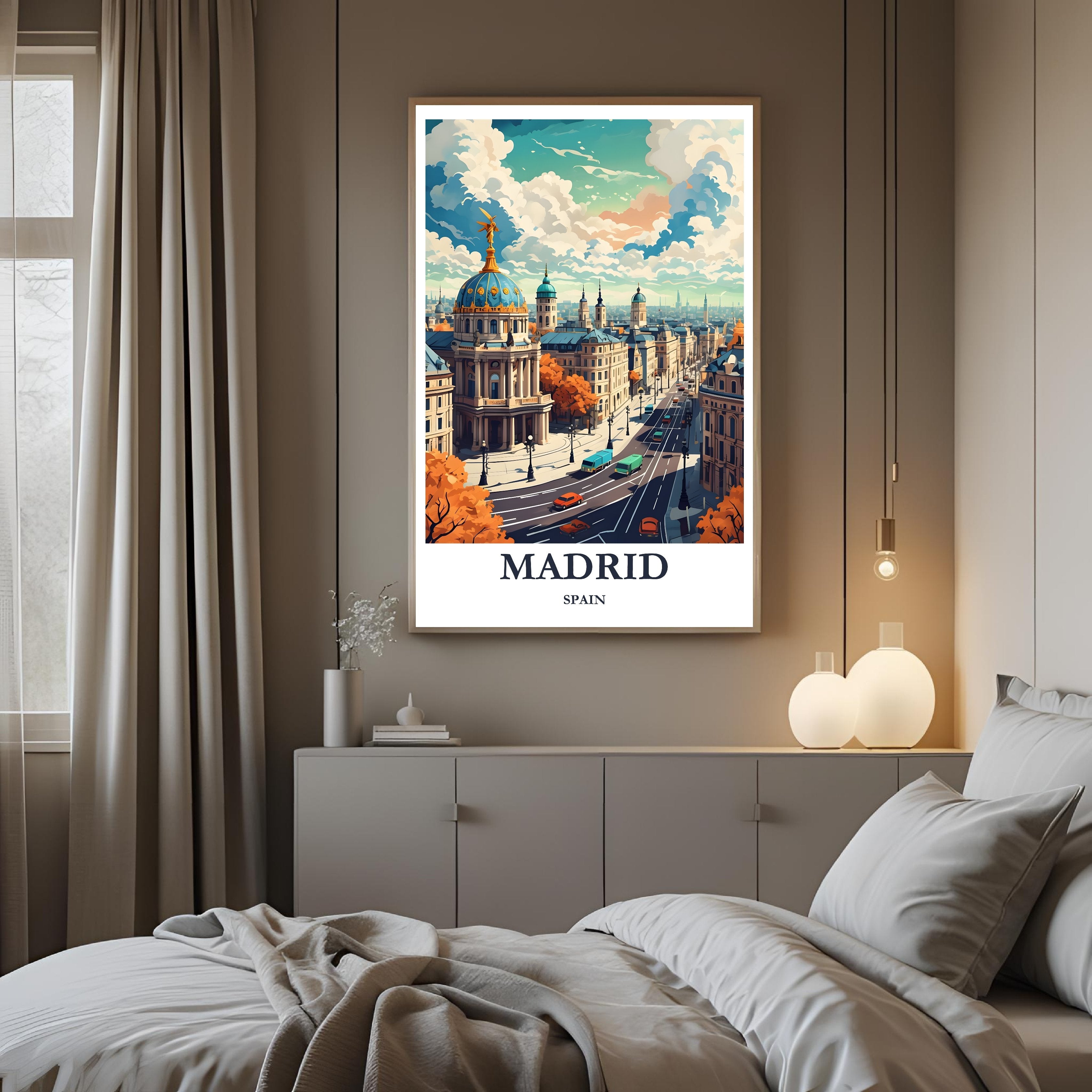 A framed art print of the Madrid cityscape decorating a bedroom wall, creating a sophisticated, travel-inspired atmosphere.