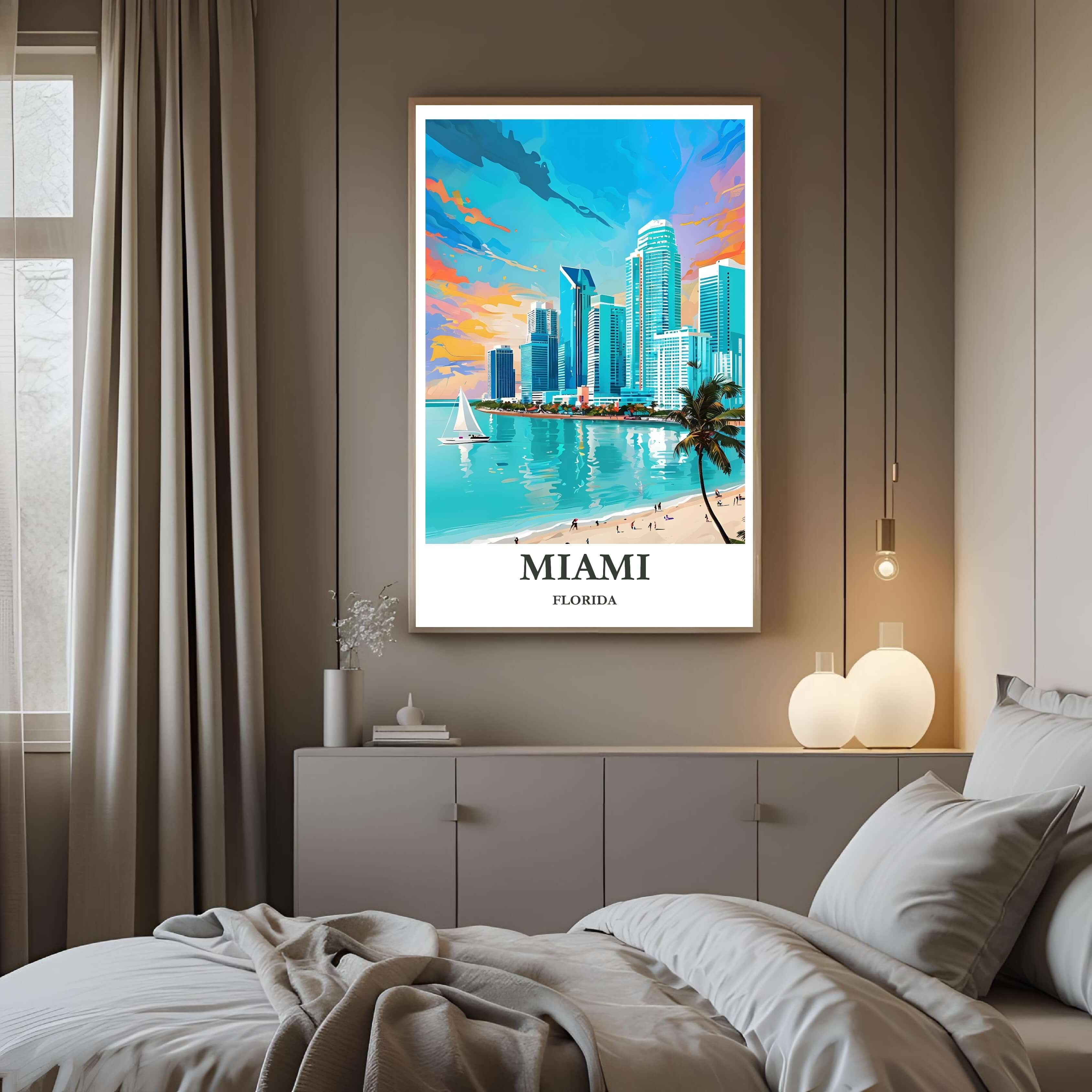 A framed art print of the Miami coastline decorating a bedroom wall, creating a dynamic, travel-inspired atmosphere.