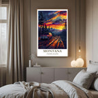A framed art print of the Montana landscape decorating a bedroom wall, creating a dynamic, travel-inspired atmosphere.