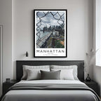 A framed art print of the New York skyline decorating a bedroom wall, creating a serene and luxurious atmosphere.