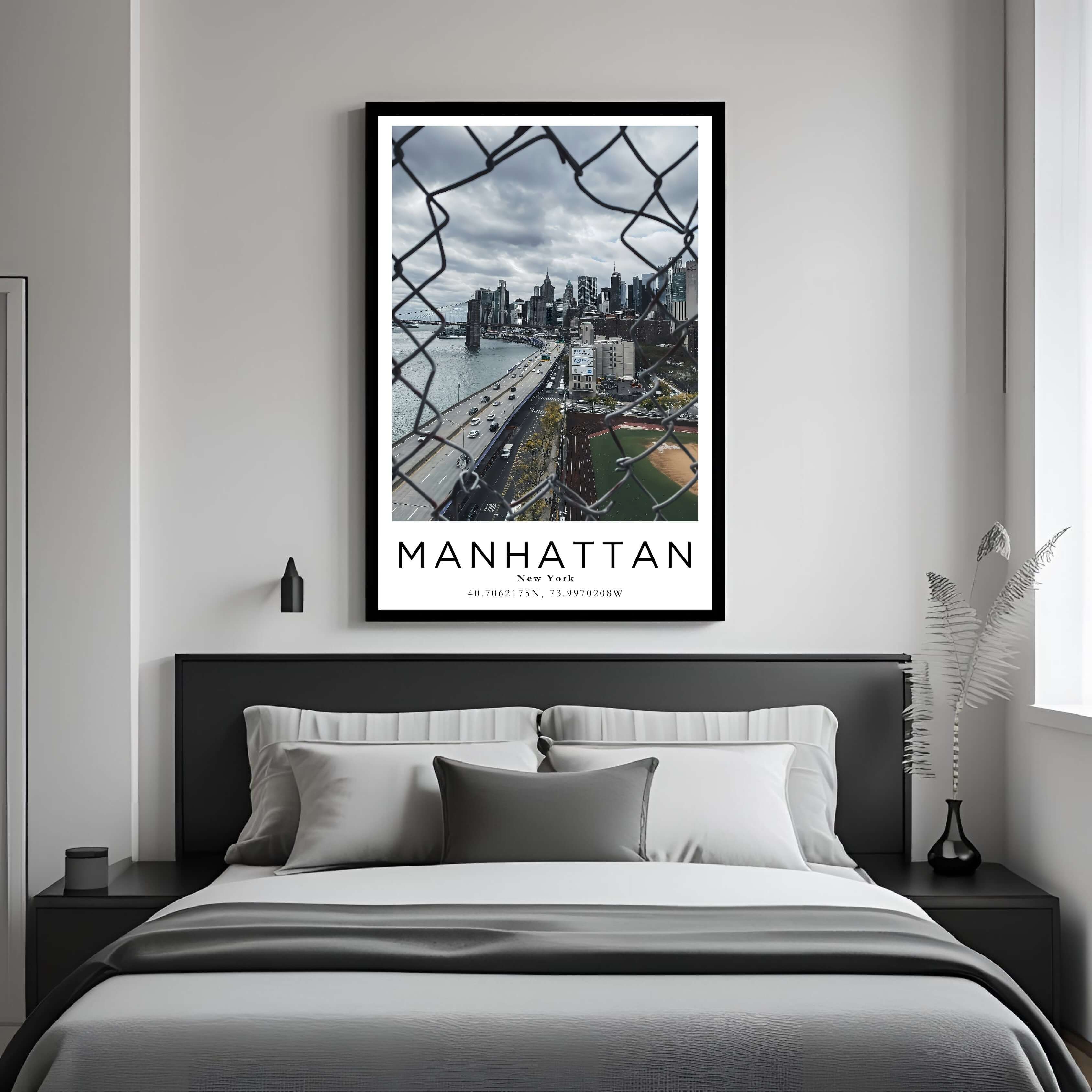 A framed art print of the New York skyline decorating a bedroom wall, creating a serene and luxurious atmosphere.