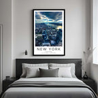 A framed art print of the New York skyline decorating a bedroom wall, creating a serene and luxurious atmosphere.