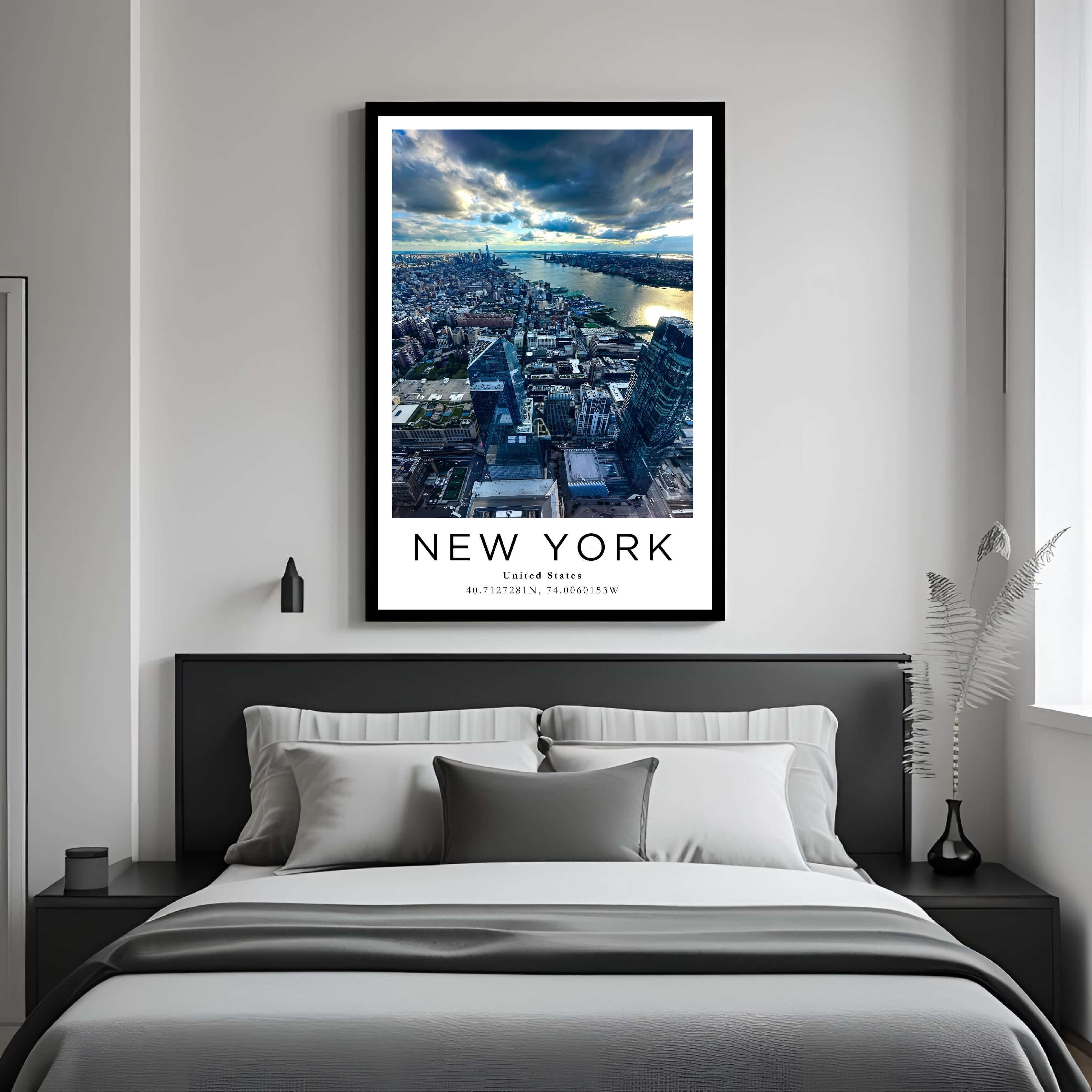 A framed art print of the New York skyline decorating a bedroom wall, creating a serene and luxurious atmosphere.