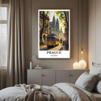 A framed art print of the Prague cityscape decorating a bedroom wall, creating a sophisticated, travel-inspired atmosphere.