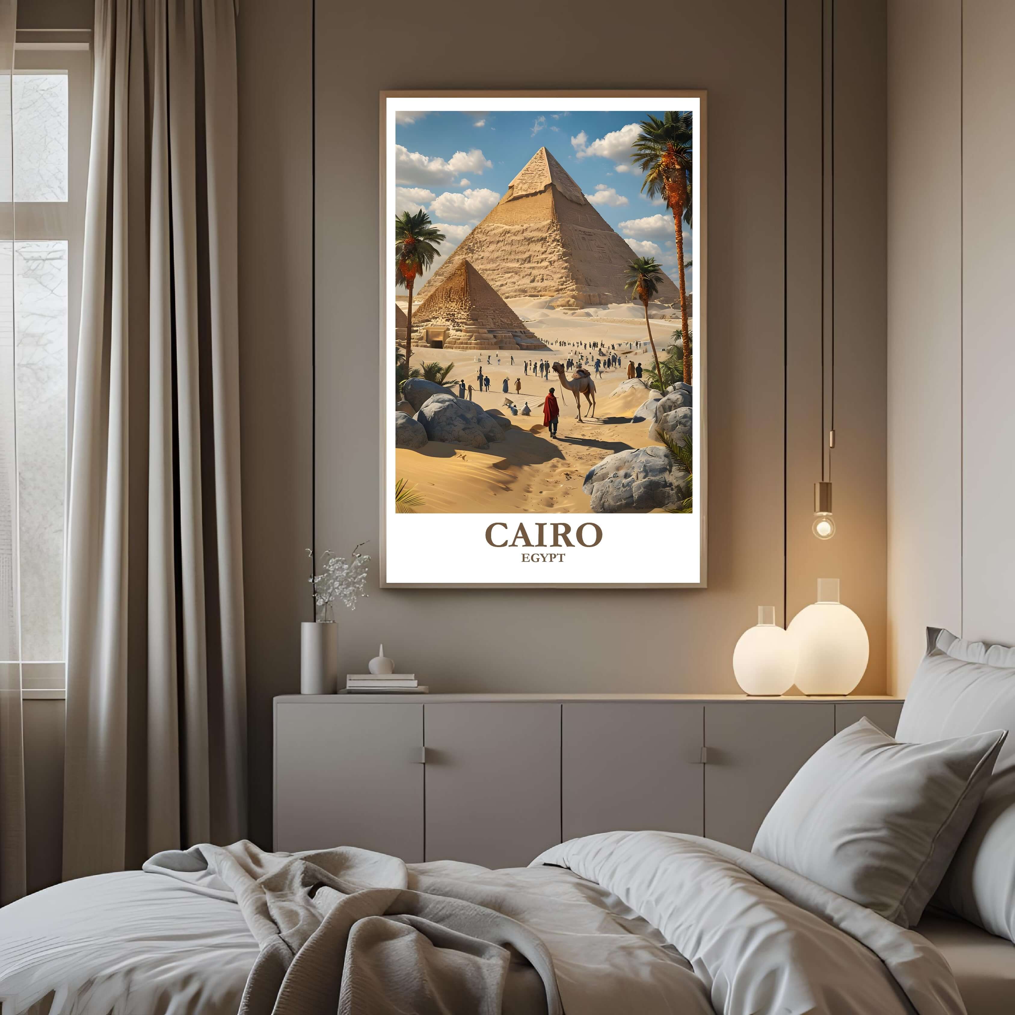 A framed art print of the Giza Pyramids decorating a bedroom wall, creating a peaceful, travel-inspired atmosphere.