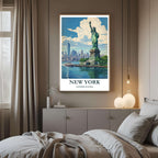 A framed art print of the New York cityscape decorating a bedroom wall, creating a dynamic, travel-inspired atmosphere.