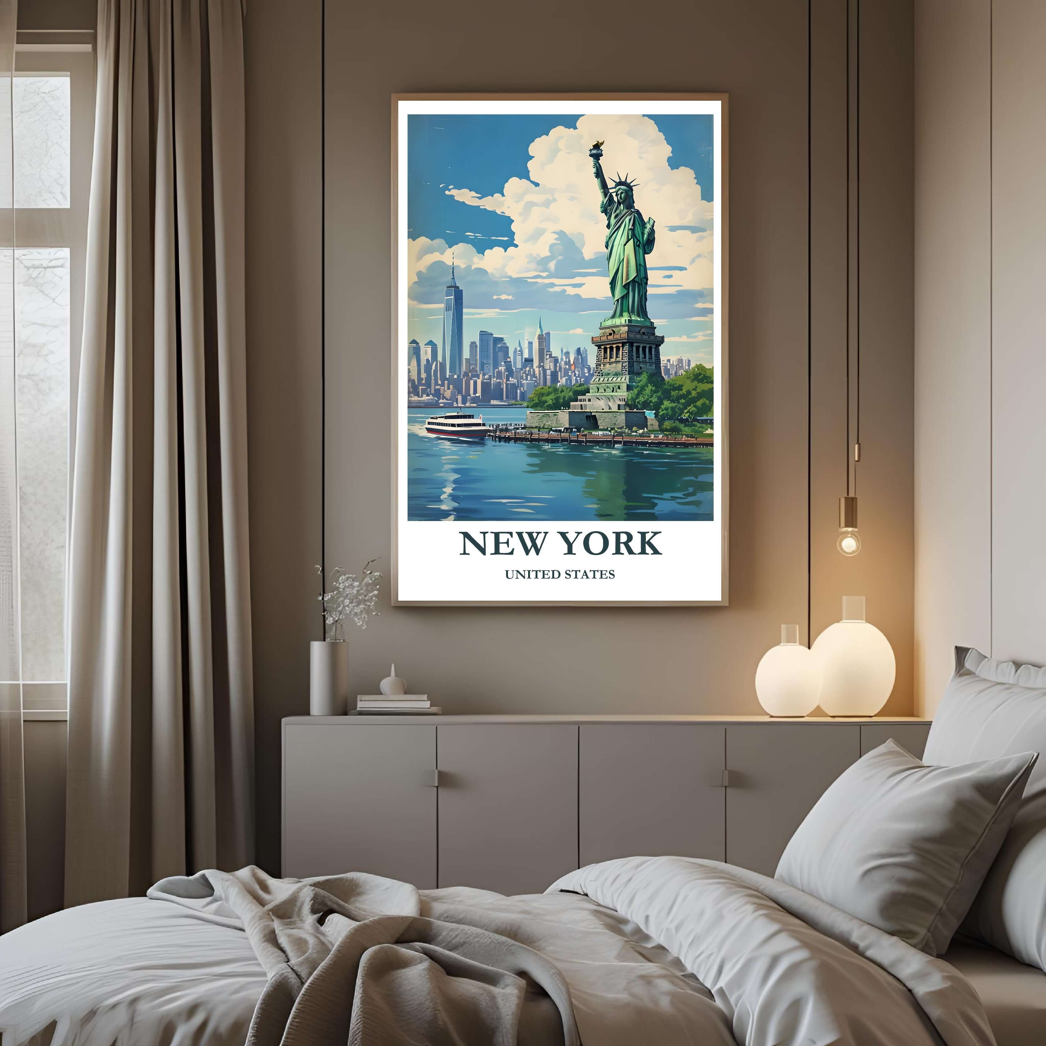 A framed art print of the New York cityscape decorating a bedroom wall, creating a dynamic, travel-inspired atmosphere.