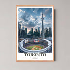 A framed photo of the Toronto skyline with a rustic red oak wood frame, highlighting the contemporary feel of the skyscrapers and harbor front.