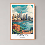 A framed illustration of the Sydney skyline over the water with a rustic red oak wood frame, highlighting the rich coastal colors and architectural details.