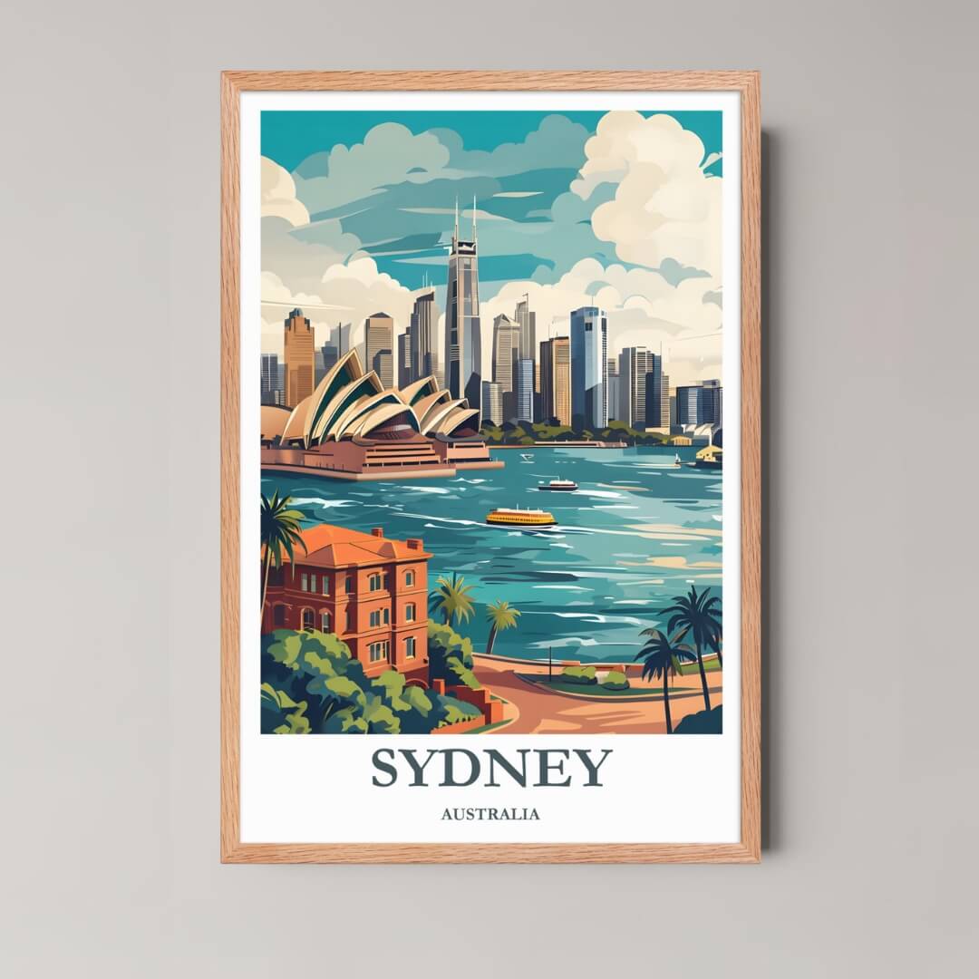 A framed illustration of the Sydney skyline over the water with a rustic red oak wood frame, highlighting the rich coastal colors and architectural details.