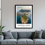 A framed poster of the Nordland village hanging in a living room, enhancing the modern and sophisticated look of the space.