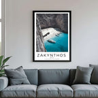  A framed poster of Navagio Beach hanging in a living room, enhancing the modern and sophisticated look of the space.