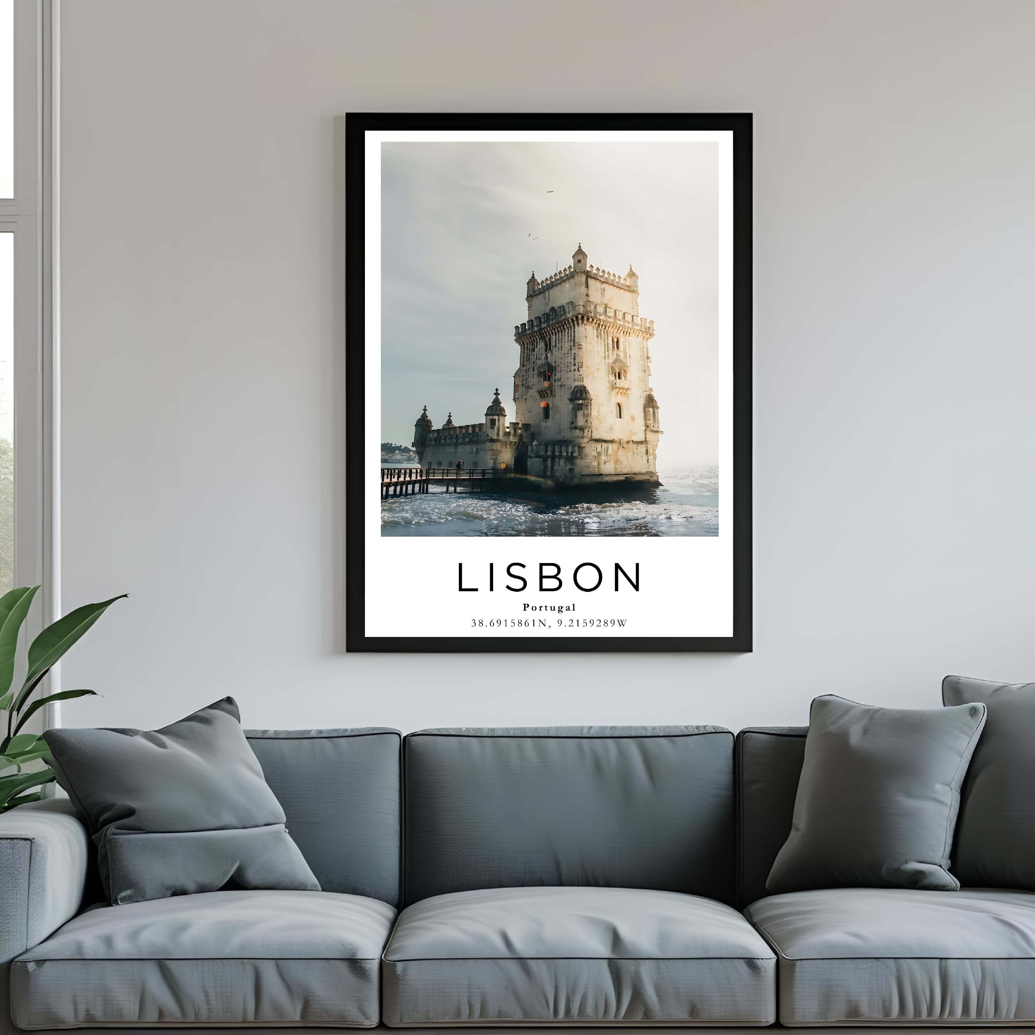 A framed poster of the Belém Tower hanging above a couch, enhancing the modern and sophisticated look of a living room.