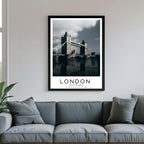 A framed poster of the Tower Bridge hanging in a living room, enhancing the modern and sophisticated look of the space.