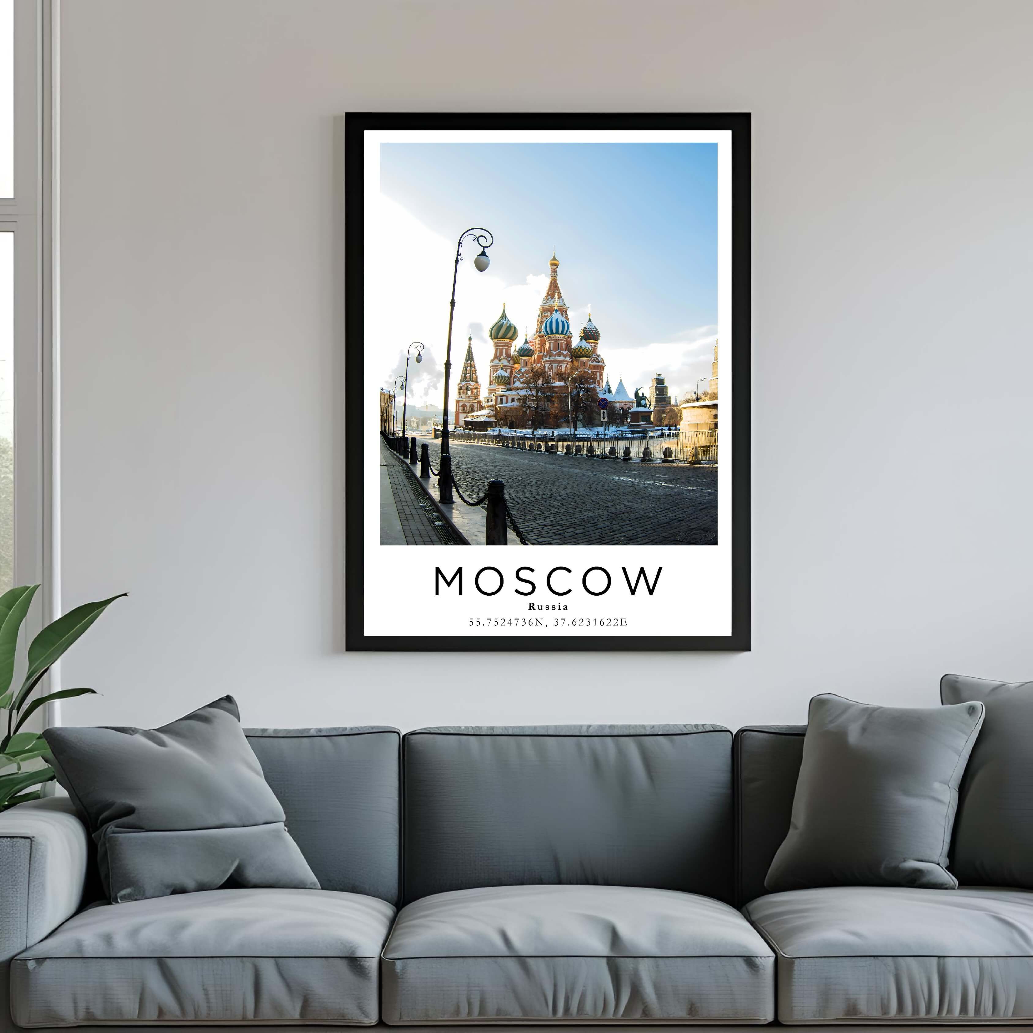 A framed poster of Saint Basil's Cathedral hanging in a living room, enhancing the modern and sophisticated look of the space.