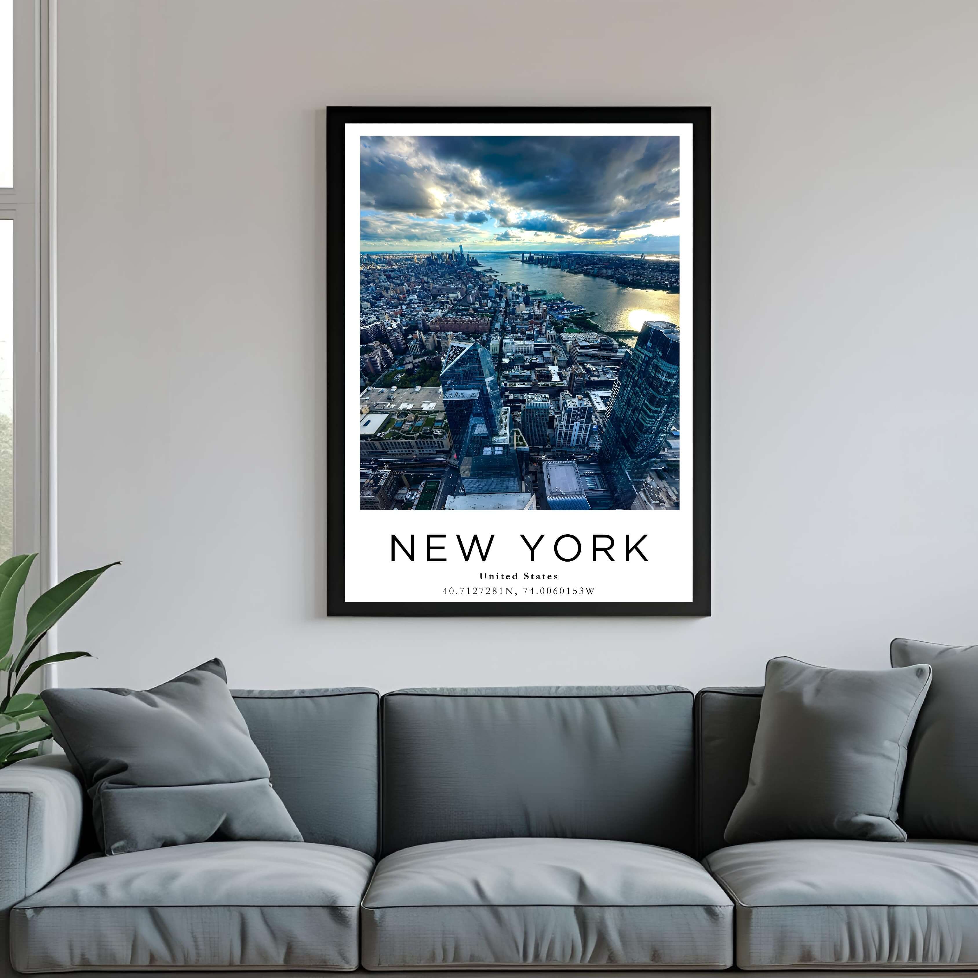  A framed poster of the New York skyline hanging in a living room, enhancing the modern and sophisticated look of the space.