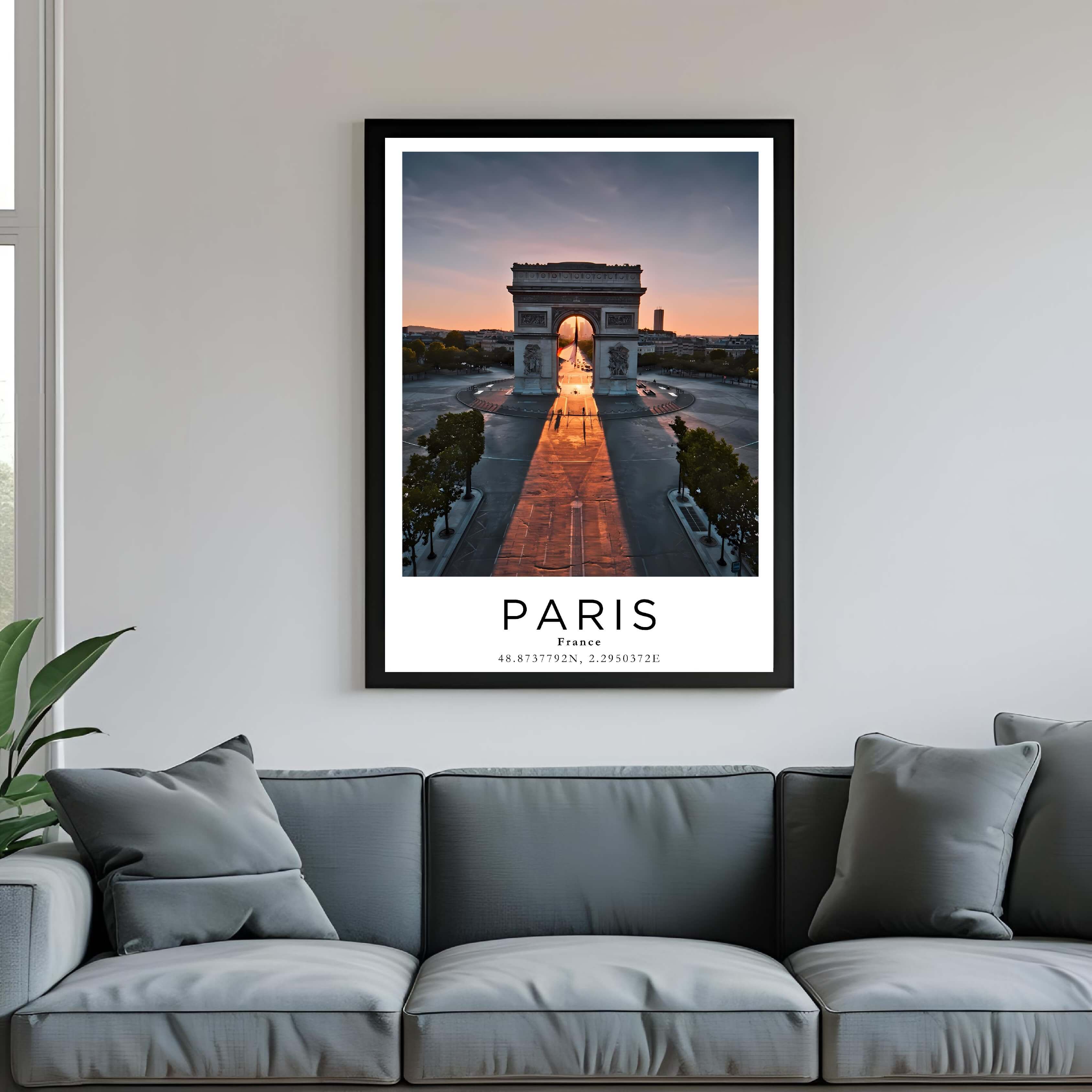 A framed poster of the Arc de Triomphe hanging in a living room, enhancing the modern and sophisticated look of the space.