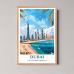 A framed illustration of the Dubai skyline with a rustic red oak wood frame, highlighting the blue waters and warm desert tones.