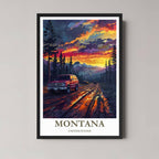 A framed, vibrant illustration of a mountain road in Montana at sunset with a red SUV, featuring dark forests and a dramatic sky in a black frame.