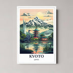 A framed illustration of the Japanese train scene with a minimalist white frame, highlighting the soft pink and blue colors of the spring landscape.