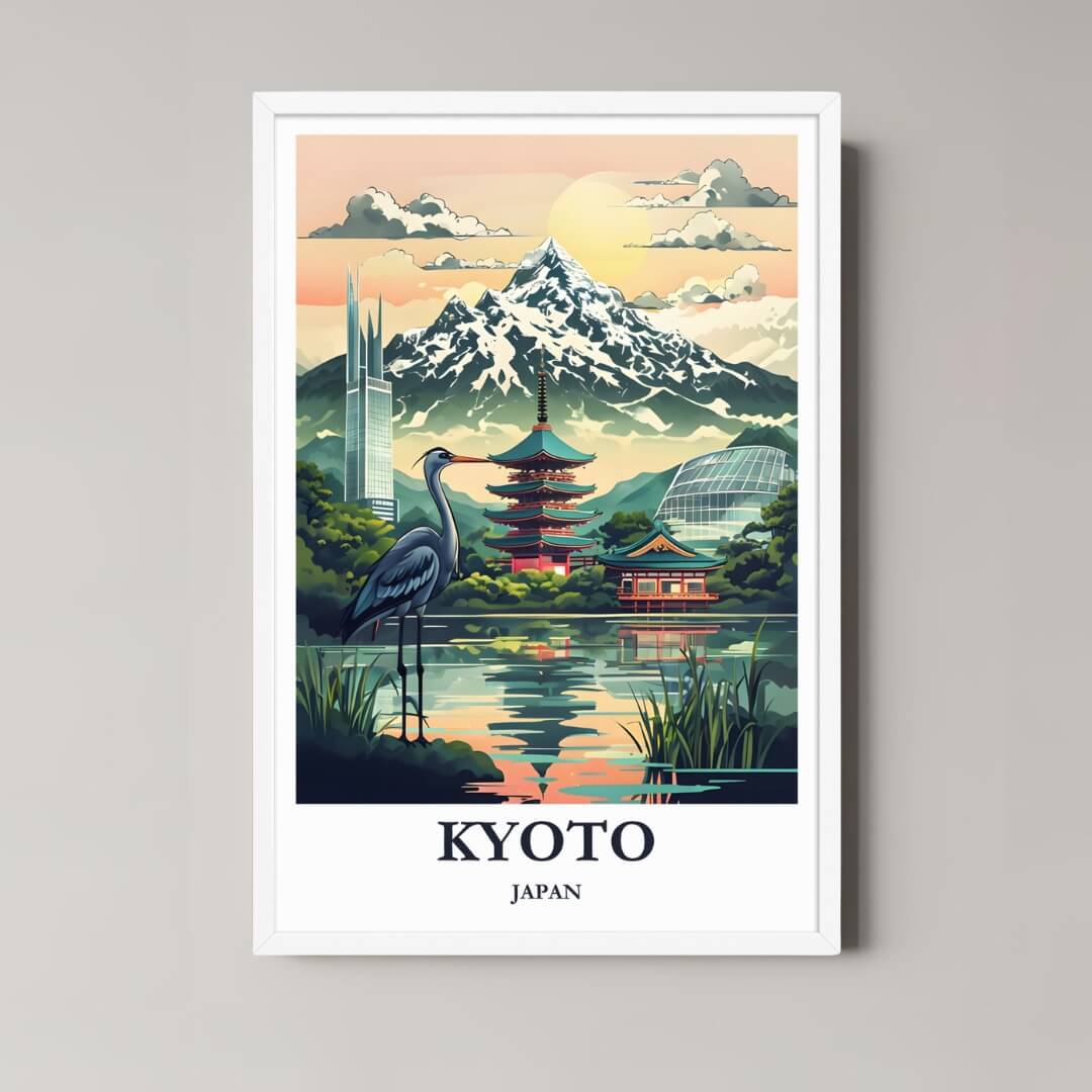 A framed illustration of the Japanese train scene with a minimalist white frame, highlighting the soft pink and blue colors of the spring landscape.