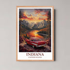 A framed illustration of the dramatic mountain and lake scene with a rustic red oak wood frame, highlighting the rich sunset colors.