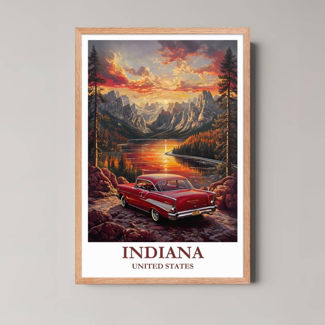 A framed illustration of the dramatic mountain and lake scene with a rustic red oak wood frame, highlighting the rich sunset colors.