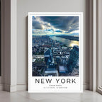  A framed wall art print of the New York City skyline and Hudson River with a minimalist white frame.
