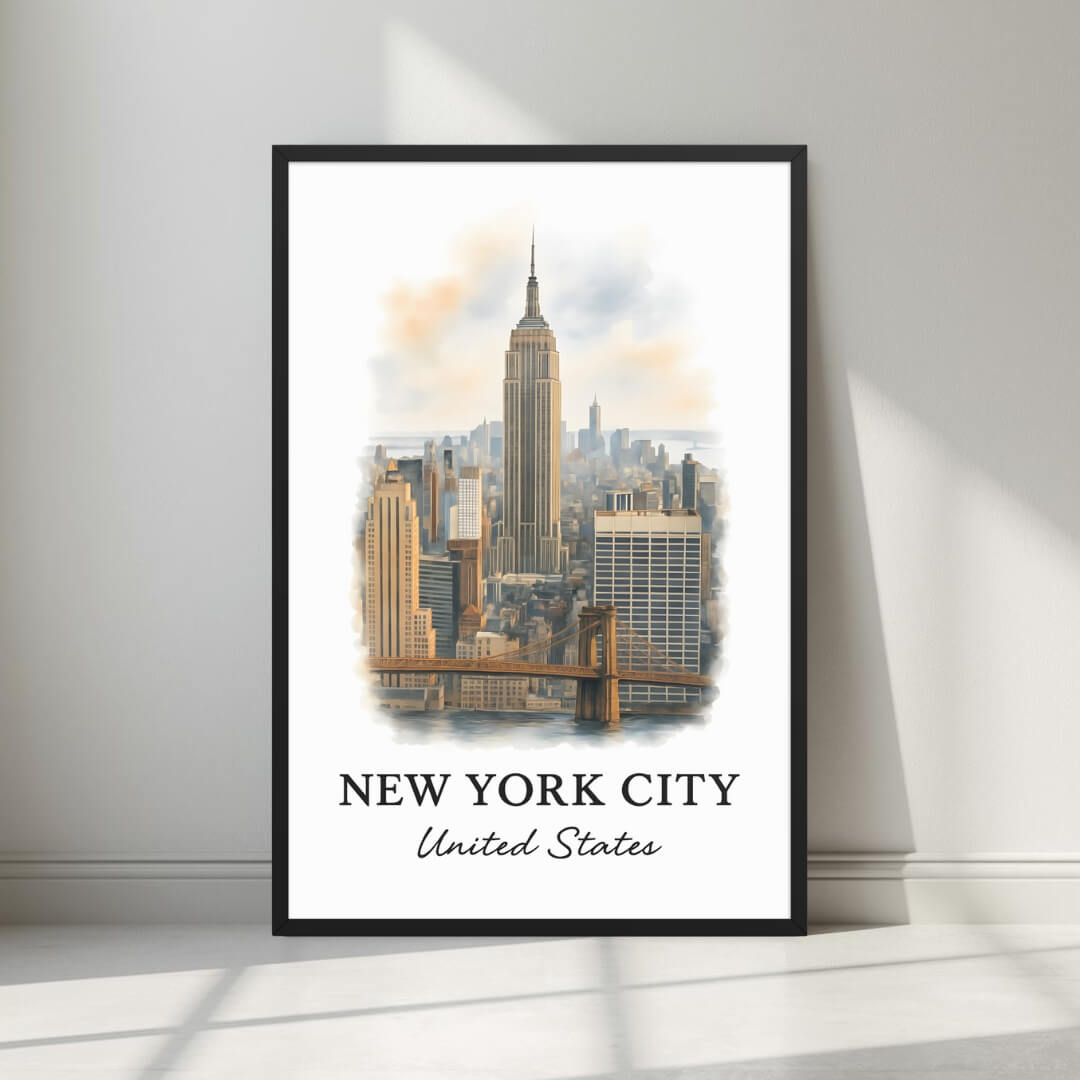 Framed art print of the iconic Empire State Building and Manhattan skyline in a sleek black Ayous wood frame. Ideal for luxury urban or American decor.