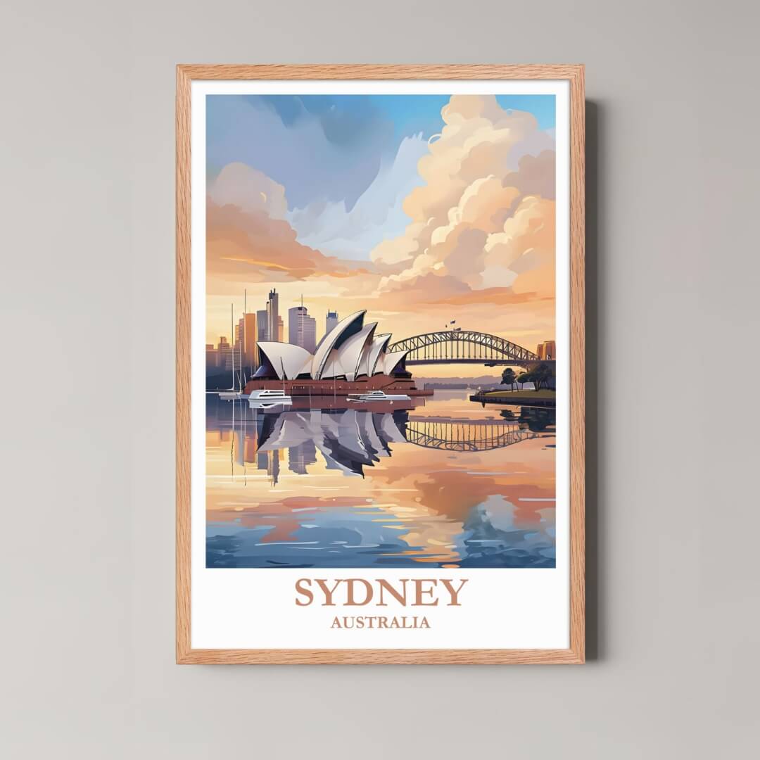 A framed photo of the Auckland cityscape with a rustic red oak wood frame, highlighting the coastal and urban blend.