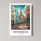 A framed art print of the charming Dutch street with a minimalist white frame, perfect for a clean, vibrant decor style.
