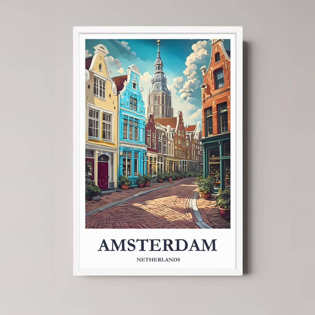 A framed art print of the charming Dutch street with a minimalist white frame, perfect for a clean, vibrant decor style.