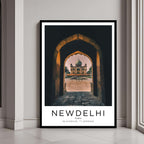 A framed poster of Humayun's Tomb in New Delhi, India, with a classic black frame, styled in a modern interior.