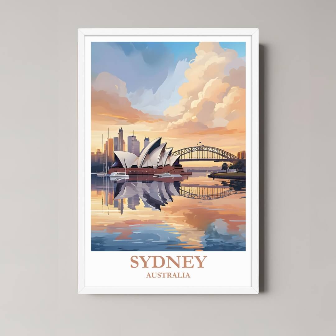 A framed art print of the Auckland skyline and waterfront with a minimalist white frame, perfect for a clean, contemporary decor style.