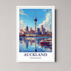 A framed art print of the Auckland skyline and harbor with a minimalist white frame, perfect for a clean, contemporary decor style.