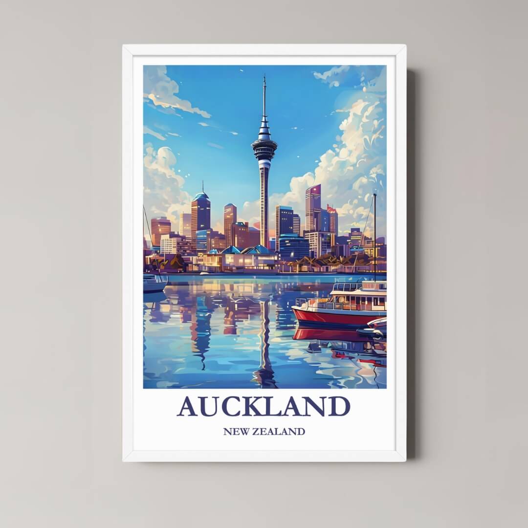 A framed art print of the Auckland skyline and harbor with a minimalist white frame, perfect for a clean, contemporary decor style.