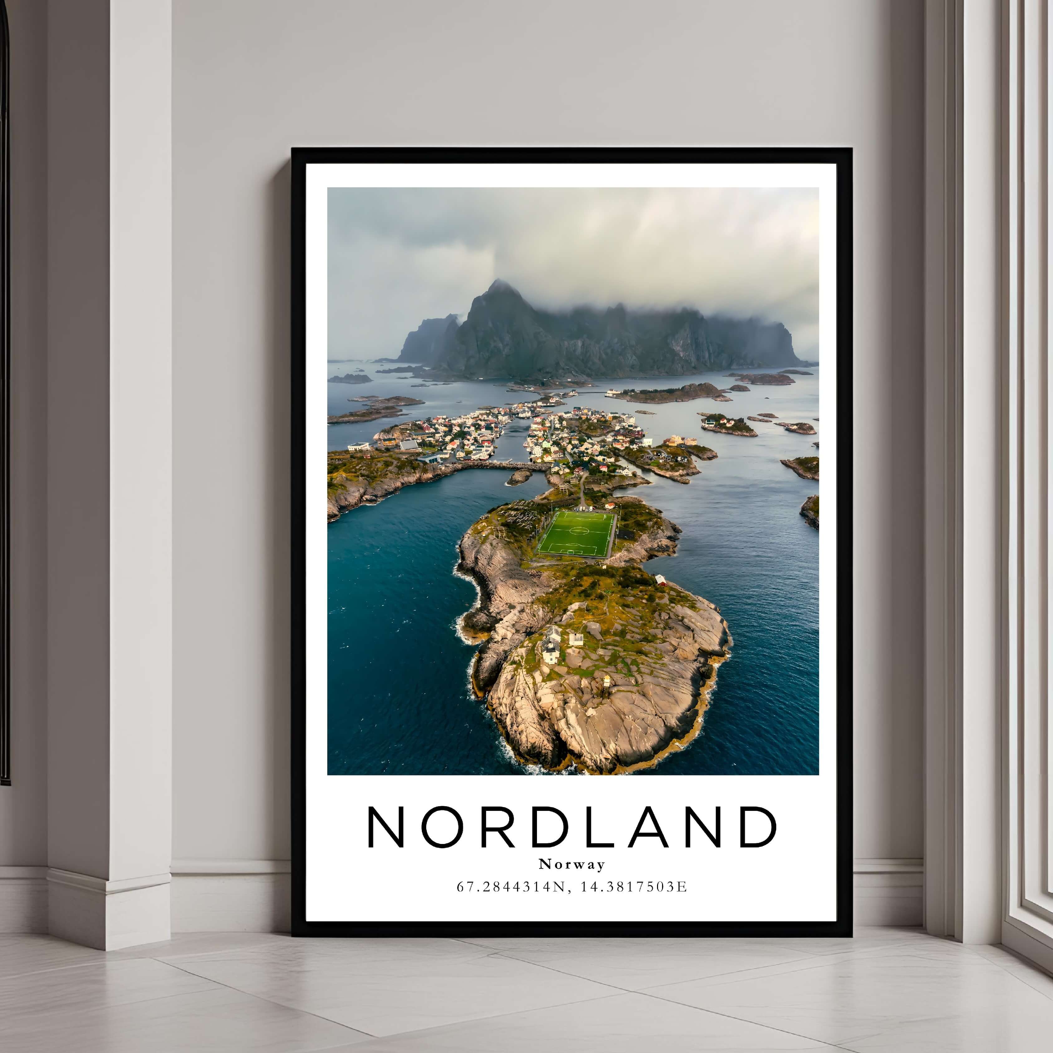 A framed art print of the Norwegian village with a classic black frame, adding a sleek and elegant touch to home decor.