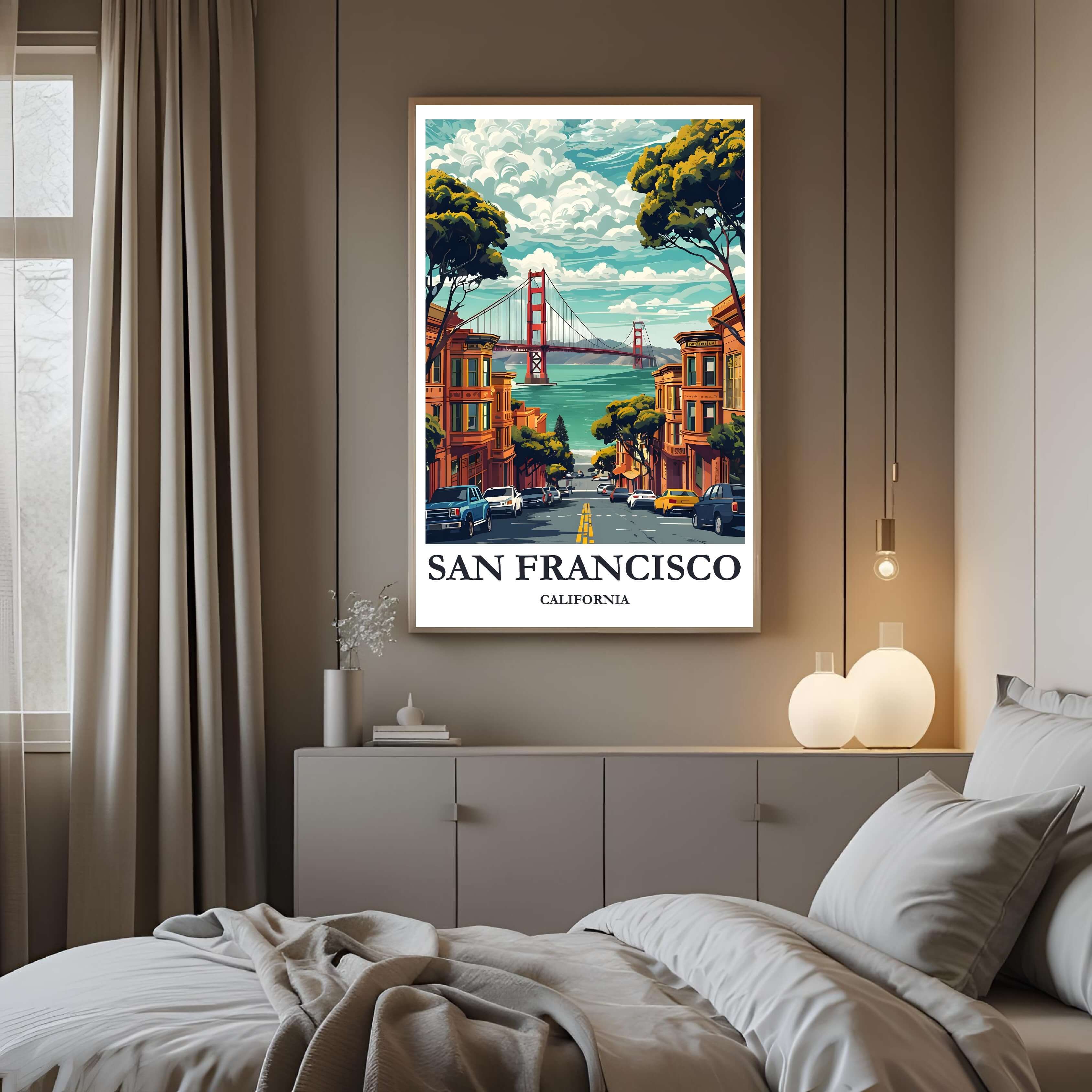 High-quality framed illustration featuring the iconic Victorian 'Painted Ladies' style houses and the Golden Gate, capturing the nostalgic and colorful charm of San Francisco.
