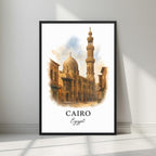 Framed art print of a majestic historic Cairo mosque and minaret in a sleek black Ayous wood frame. Ideal for luxury Egyptian or Islamic decor.