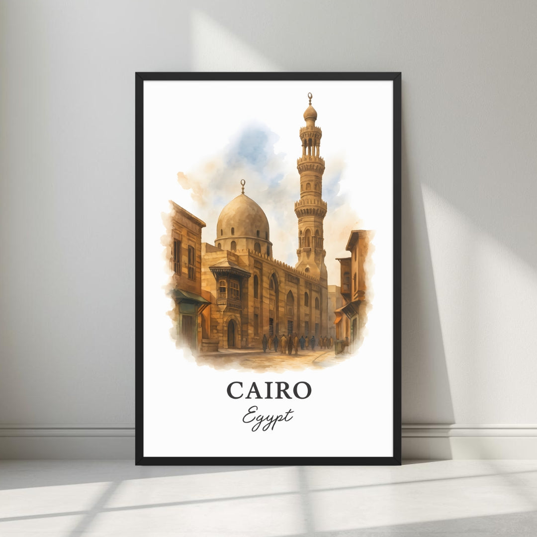 Framed art print of a majestic historic Cairo mosque and minaret in a sleek black Ayous wood frame. Ideal for luxury Egyptian or Islamic decor.