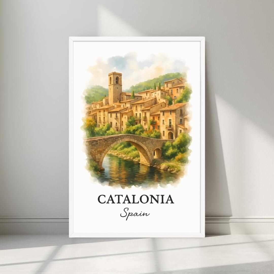 Watercolor-style print of the serene Catalonian landscape and ancient architecture in a minimalist white frame. Captures the timeless beauty of the region.