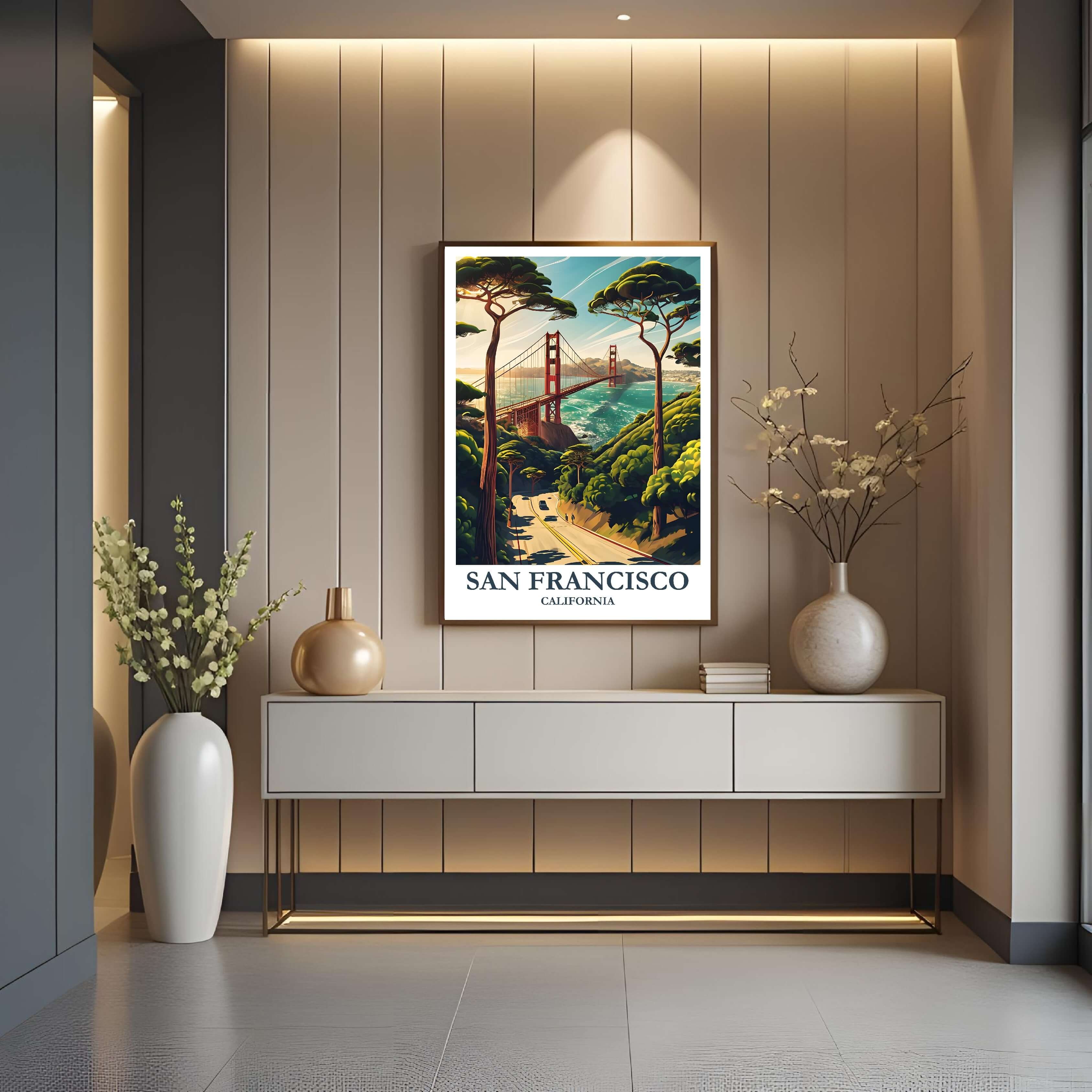 A framed art print depicting the stunning San Francisco view from the hills, styled to complement a sophisticated, nature-focused interior.
