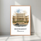 Framed Bucharest Palace art in a natural Red Oak wood frame. Highlights the warm, imposing tones of the historical building.