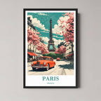 A framed, vibrant illustration of Paris at sunset with the Eiffel Tower, the Seine River, and autumn trees, featuring a classic black frame.